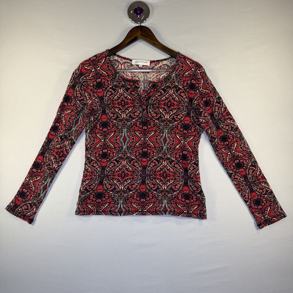 Jones NY Sport Top Womens M Thermal Henley Paisley Red Black Whimsigoth